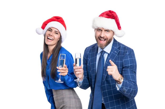Merry christmas to cheerful santa business couple in studio celebration of business santa couple