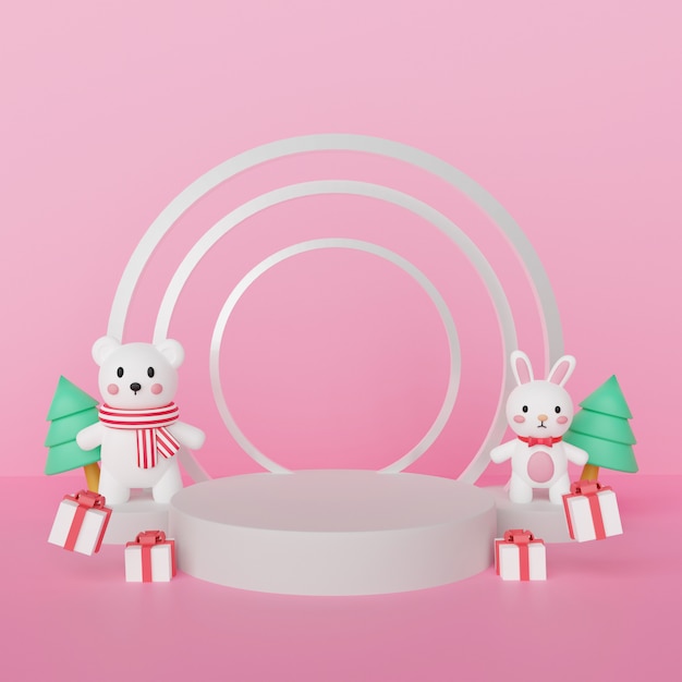 Photo merry christmas ,  christmas celebrations with polar bear and rabbit with podium for a product  . 3d rendering .