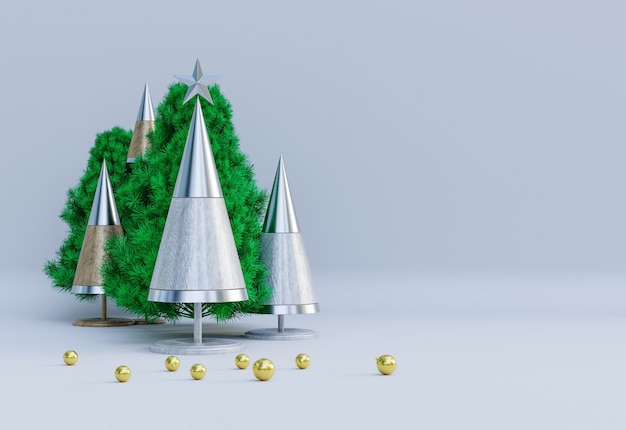 Merry Christmas compositie met gouden ballen en pijnboomtakken Vooraanzicht. Nieuwjaar frame mockup met kopie ruimte 3D-rendering