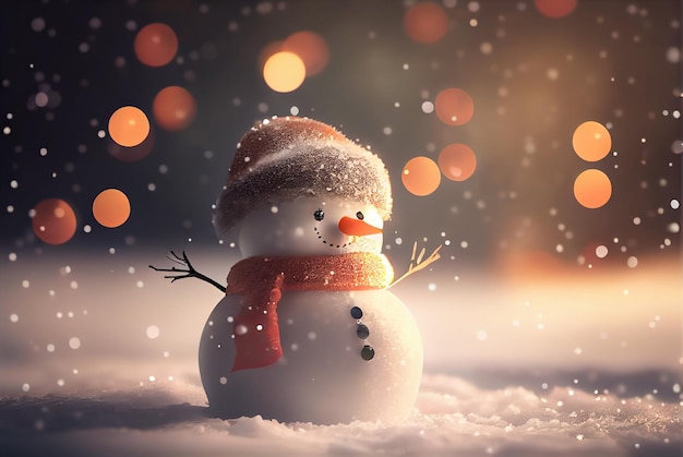 Merry Christmas concept card illustration of a snowman with a bokeh lights background Generative AI