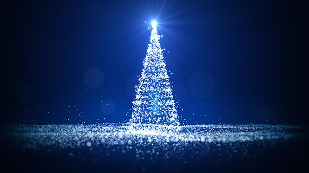 Foto concept di felicità di natale regalo di biglietto di auguri albero di natale con luce brillante con particelle che cadono fiocchi di neve e stelle sfondo blu rendering 3d
