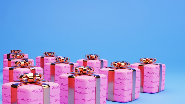 Merry christmas concept with 3d pink gift box stack on blue background