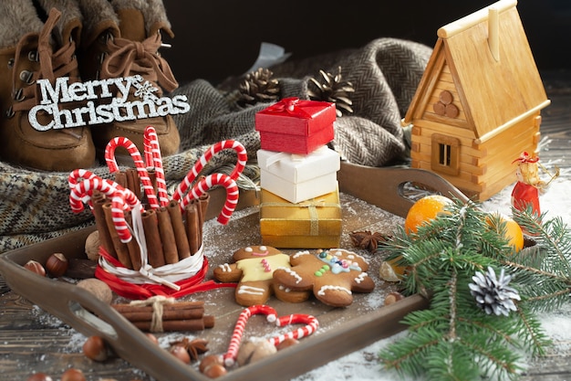 Merry Christmas concept with gifts and Christmas decorations