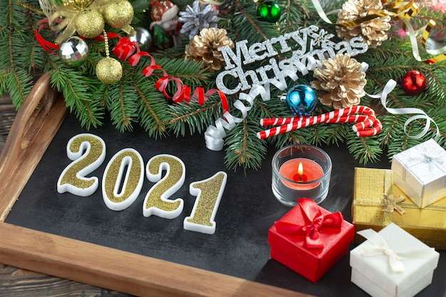 Merry Christmas concept with gifts and Christmas decorations