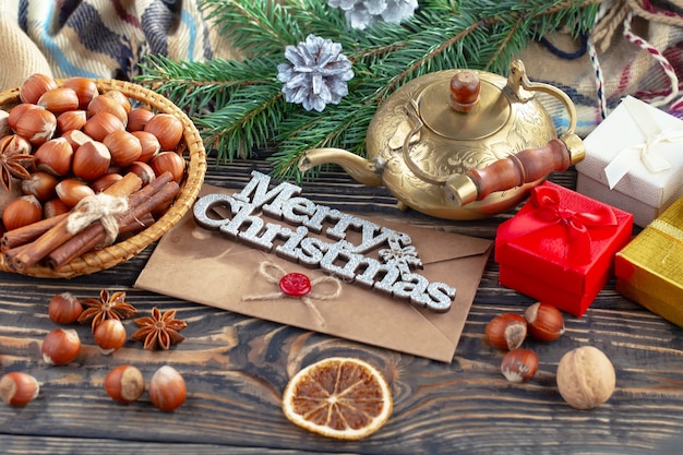 Merry Christmas concept with gifts and Christmas decorations