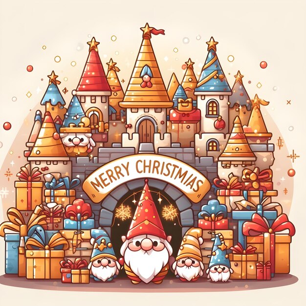 Merry Christmas cute cartoon style in center of a castle