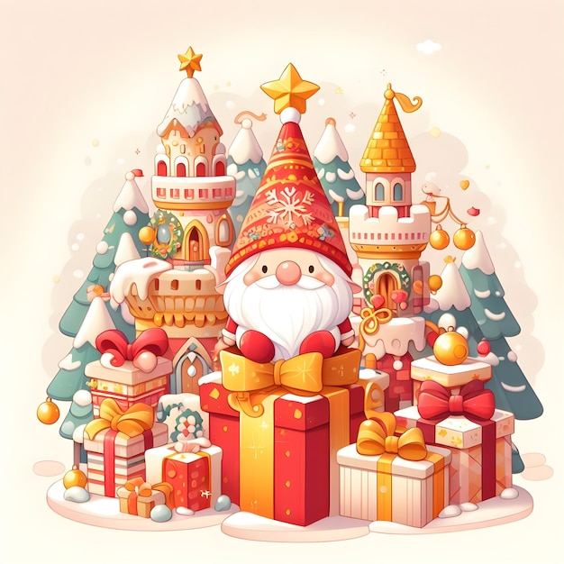 Merry Christmas cute cartoon style in center of a castle