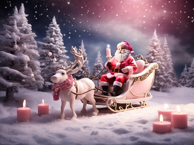 Merry Christmas decorated background Santa Claus with white reindeer