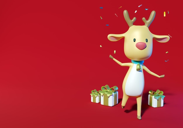 merry christmas deer and gifts red background 3d render