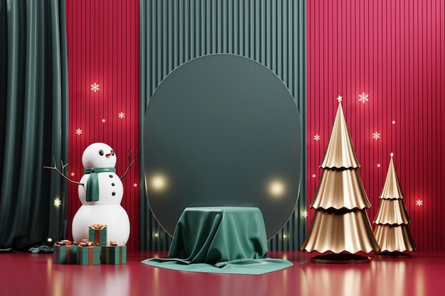 С Рождеством Христовым подиум для демонстрации продуктов с декоративным фоном 3d-рендеринга