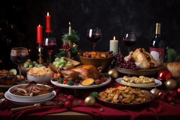 Merry christmas feast with plates of food and glasses of wine created with generative ai