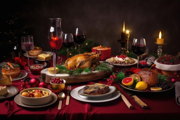 Merry christmas feast with plates of food and glasses of wine created with generative ai