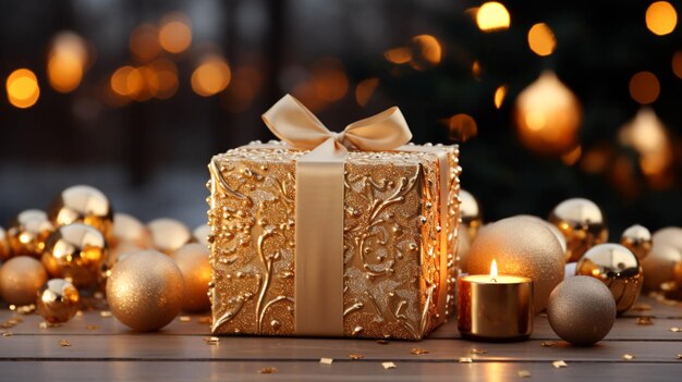 Merry christmas golden gift box and golden ball background decorated with leaves