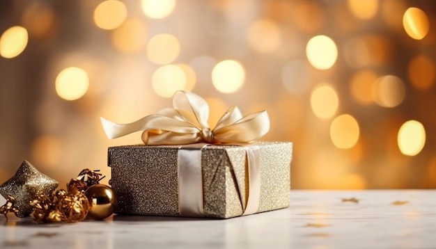 Merry christmas golden gift box into the table and golden light blurred background