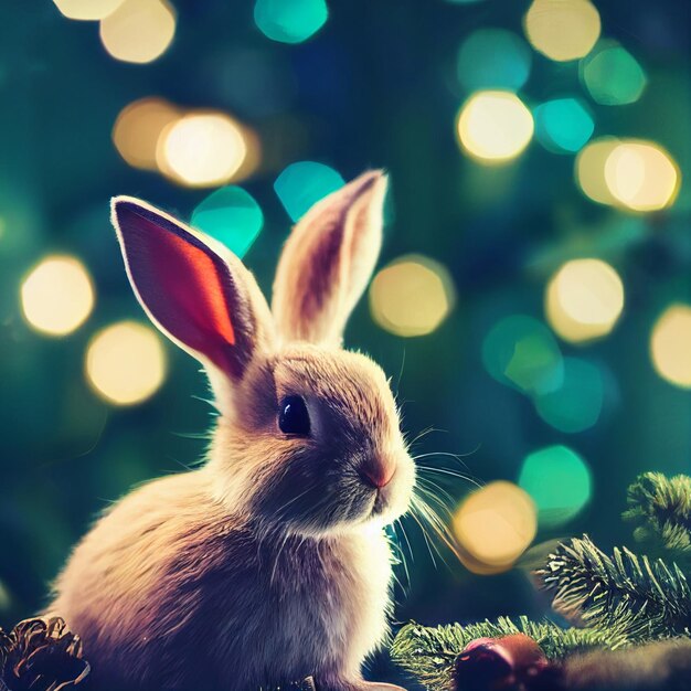 Photo merry christmas greeting card background with rabbit and xmas tree 3d rendering