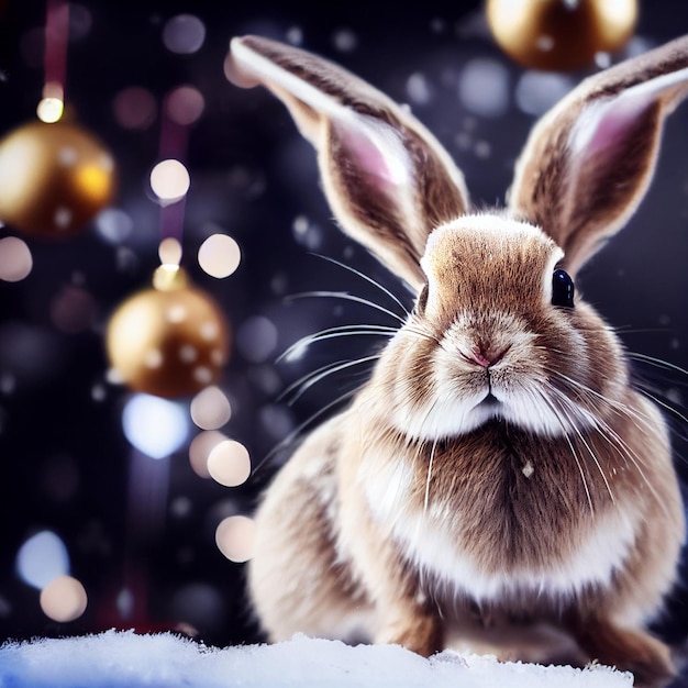 Photo merry christmas greeting card background with rabbit and xmas tree 3d rendering