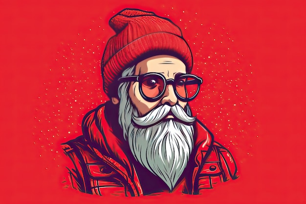 Merry christmas greeting card with paper hipster santa claus beard mustache and xmas hat modern paper cut style background ai generative