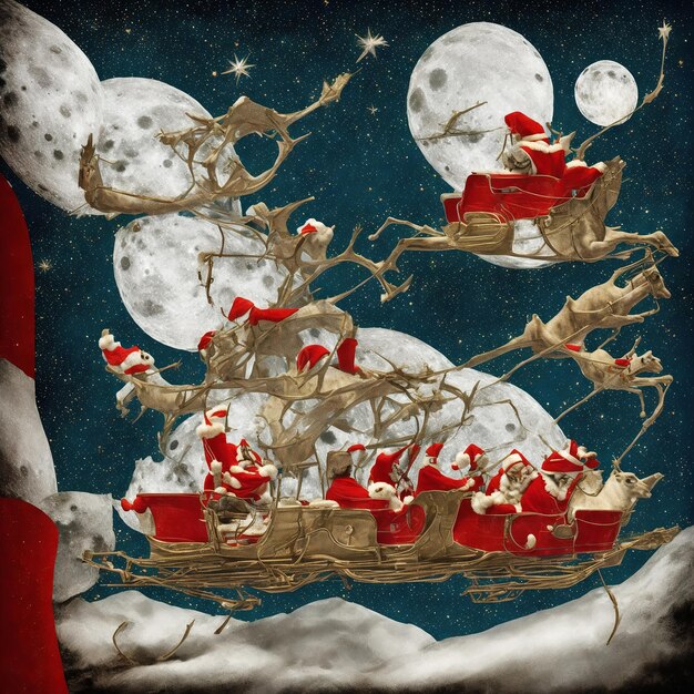 Foto cartella di auguri di buon natale santa claus con renne su slitta illustrazione