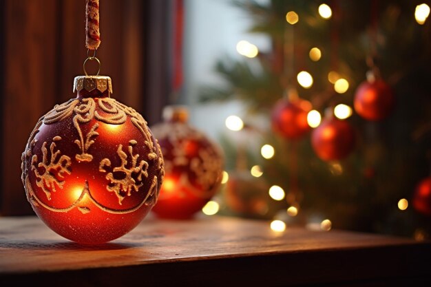 メリー・クリスマス・グリーティングと装飾ボール パイン・コーンとプレゼントと雪花