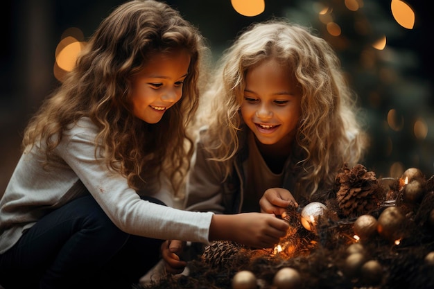 Merry Christmas and Happy Holiday Cute little children girls with present gift box near tree at home