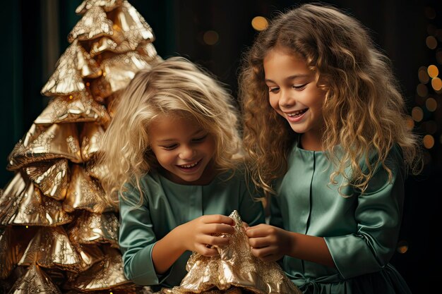 Merry Christmas and Happy Holiday Cute little children girls with present gift box near tree at home