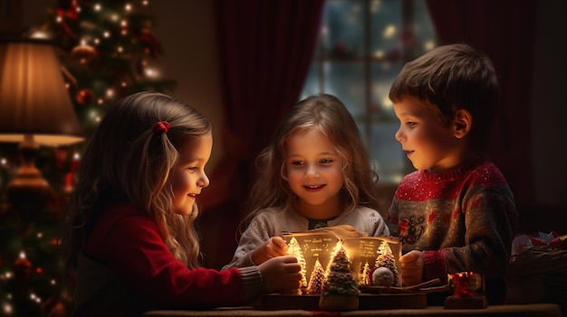 Merry Christmas and Happy Holiday Cute little kids playing at the table on christmas night with christmas tree lights and decorations as a background