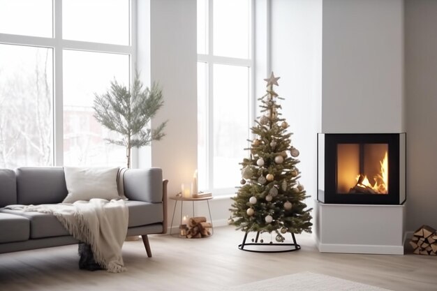 メリークリスマスとハッピーホリデー クリスマスに飾り付けられた美しいリビングルーム W Generative AI
