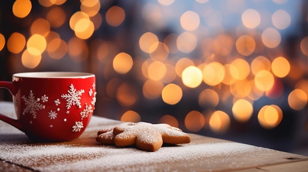 Foto buon natale e buone feste una tazza di bevanda calda e biscotti sullo sfondo delle luci del mercatino di natale design ai