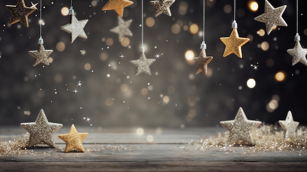 Merry Christmas and Happy Holidays Golden star garland and lights on dark background Generative AI