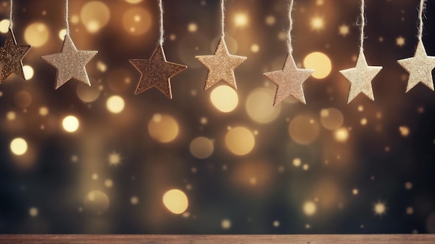 Merry Christmas and Happy Holidays Golden star garland and lights on dark background Generative AI