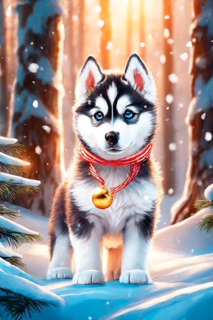 Merry christmas and happy holidays greeting card Cute husky puppy in the winter forest