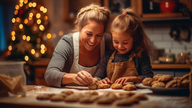 메리 크리스마스, 행복한 휴일 엄마와 딸이 크리스마스 쿠키를 준비하고 있습니다