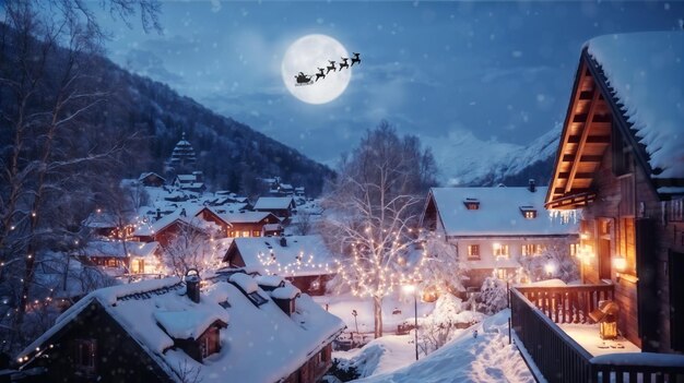 Счастливого Рождества и счастливых праздников Санта-Клаус летит в своих санях на фоне лунного неба Концепция рождественской истории Генеративный ИИ