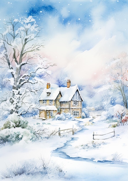 メリー クリスマスとハッピー ホリデー水彩の印刷可能なアート プリント英国の田舎のコテージを雪として冬の休日のクリスマス カードありがとうと DIY グリーティング カード デザイン カントリー スタイルのアイデア