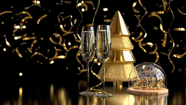 Foto buon natale e felice anno nuovo 2023 illustrazione di rendering 3d di decorazioni dorate