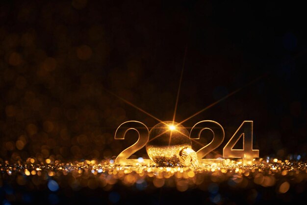 Foto buon natale e buon anno nuovo 2024 festa sfocata celebrazione oro