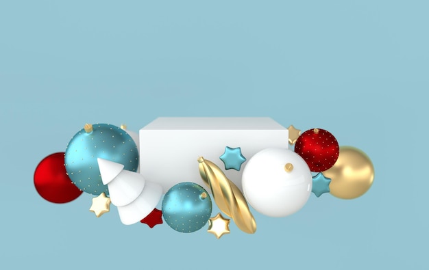 Счастливого Рождества и счастливого Нового года 3D рендеринг иллюстраций шары, звезды, дерево, платформа