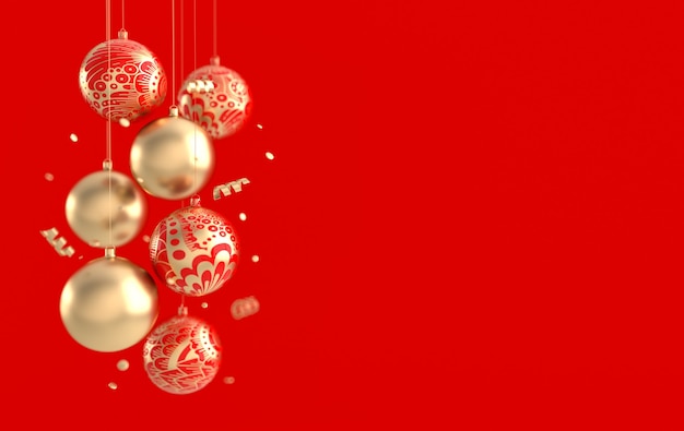 Merry Christmas and Happy New Year 3d render illustration card with ornate golden red xmas balls