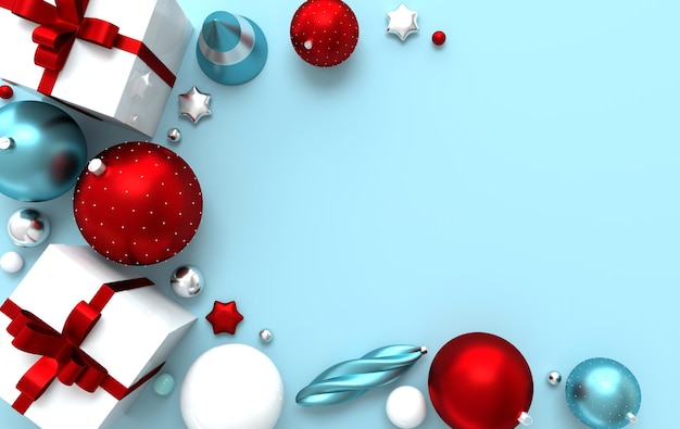 Merry christmas and happy new year 3d render illustration, xmas\
balls stars christmas tree gift box