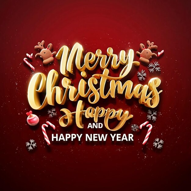 Photo merry christmas and happy new year 3d text on a decorated elements background