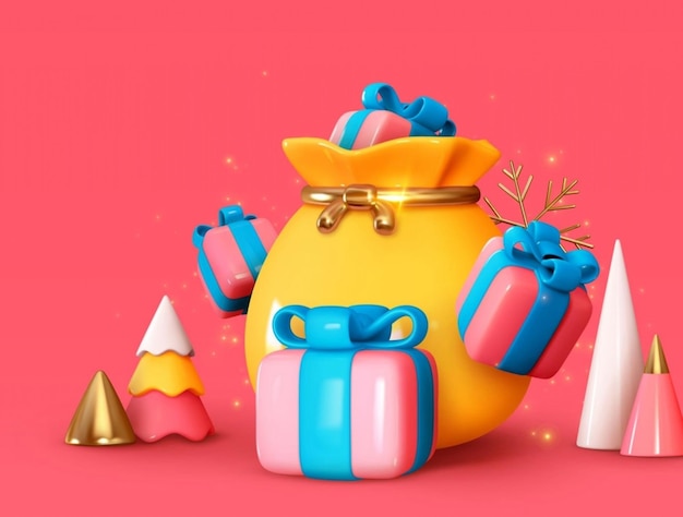 Merry christmas and happy new year background christmas\
presents pink gift boxes in yellow bag xmas gift surprise