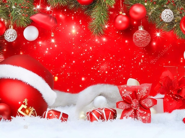 Merry christmas and happy new year background red green with realistic christmas elements