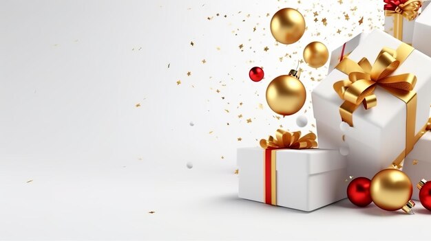 Merry Christmas and Happy New Year Background with realistic festive gifts box Generative Ai