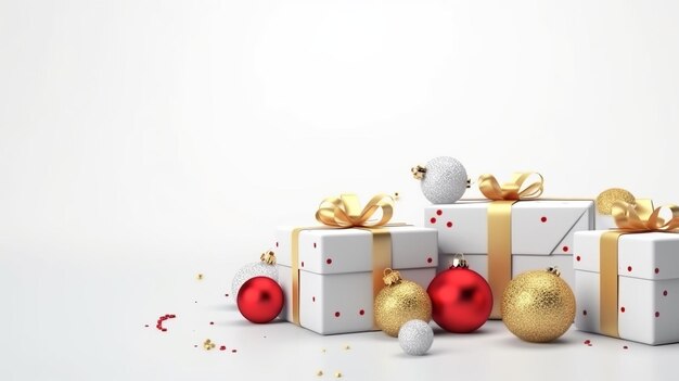 Merry Christmas and Happy New Year Background with realistic festive gifts box Generative Ai