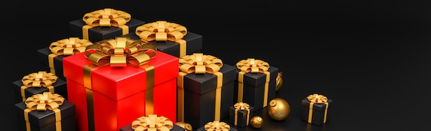 Merry Christmas and Happy New Year banner luxury style.,realistic red and black gifts box with golden Christmas balls