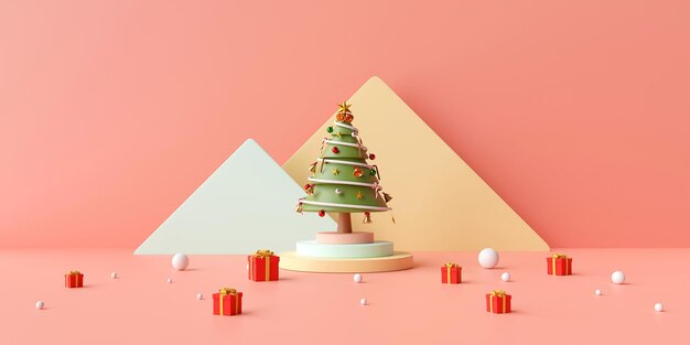 Merry Christmas and Happy New Year Christmas banner of Christmas tree on podium with Gifts box on a pink background 3d rendering