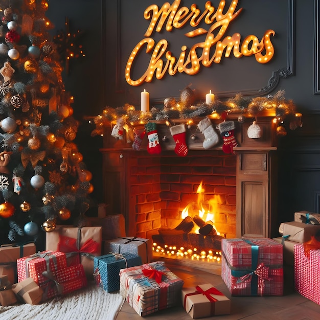 Merry Christmas and Happy New Year Christmas tree gifts and fireplace in the room