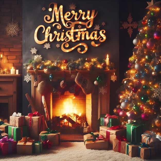 Merry Christmas and Happy New Year Christmas tree gifts and fireplace in the room