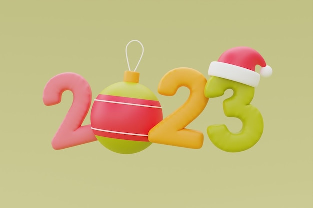 Foto buon natale e felice anno nuovo numero colorato 2023 con cappuccio di babbo natale e rendering 3d della palla di natale