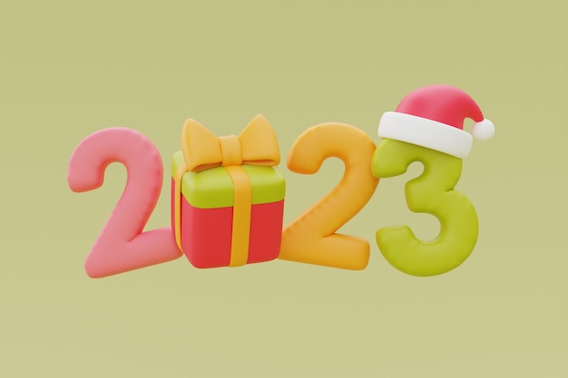 Merry Christmas and Happy New Year colorful number 2023 with Santa cap and gift box 3d rendering